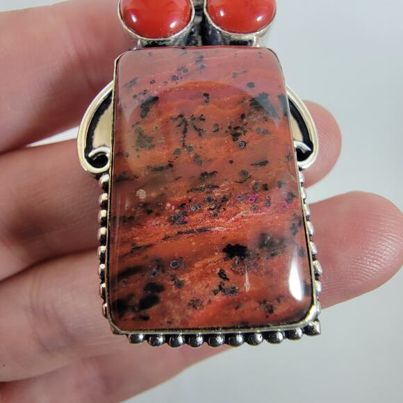 Handmade Silver Pendant Necklace with Red Jasper, Carnelian & 925 Sterling Chain - Picture 7 of 10